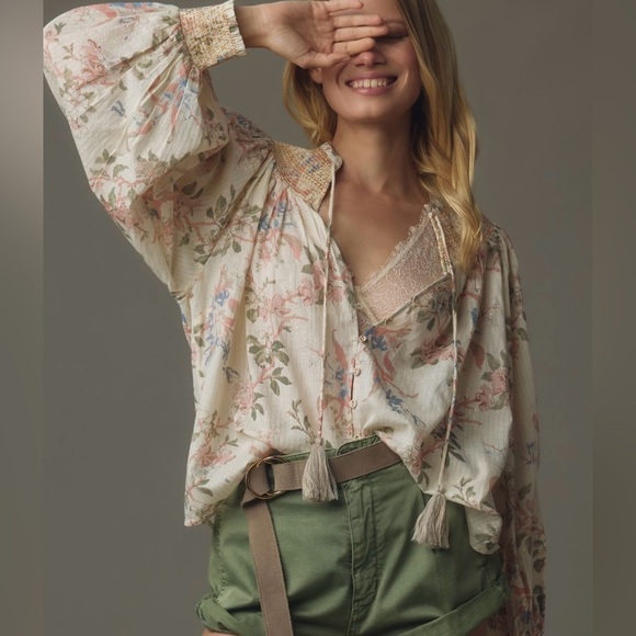 Anthropologie Tops - Anthropologie Long-Sleeve Smocked Lurex Top Medium